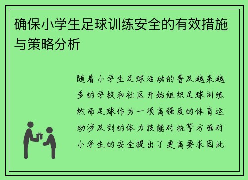 确保小学生足球训练安全的有效措施与策略分析